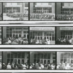 three rows black and white film photos of a group of people seated for a formal ceremony at the front of a concrete building with sign 