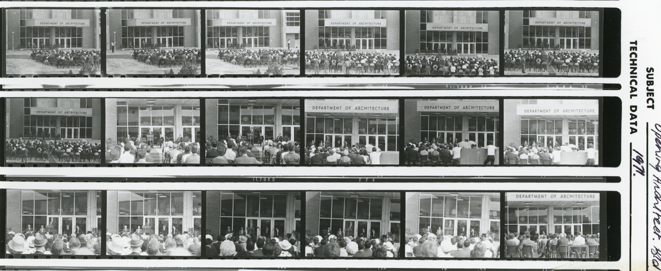 three rows black and white film photos of a group of people seated for a formal ceremony at the front of a concrete building with sign 