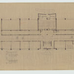 An architectural draft of a building structure on light brown paper.