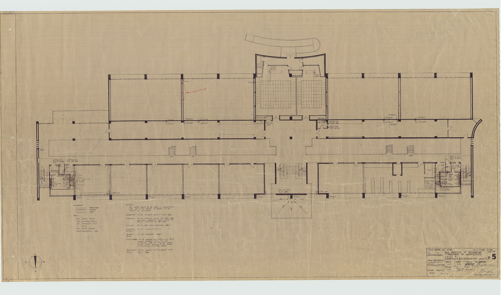 An architectural draft of a building structure on light brown paper.